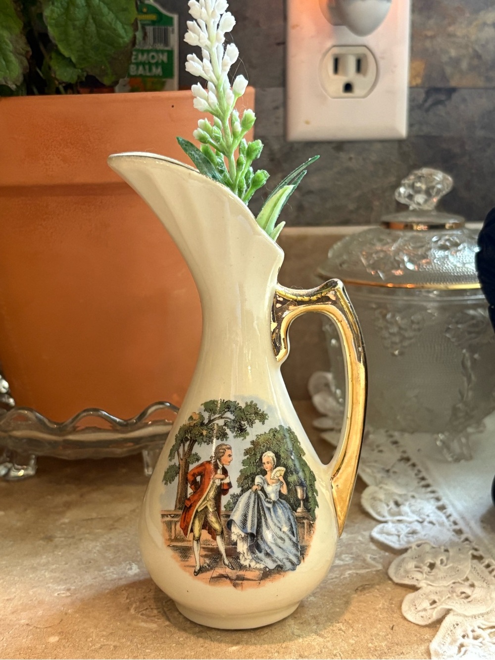 Vintage Style Ceramic Pitcher Victorian Courting Couple Gold Gilt 6” Bud Vase